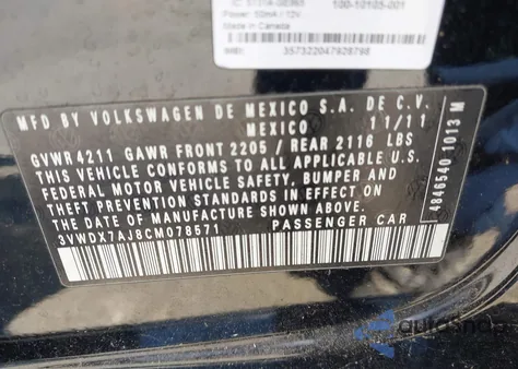 2012 Volkswagen Jetta 2.5L Se z USA, uszkodzony, nr VIN 3VWDX7AJ8CM078571